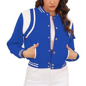 Charming Women's Cropped Varsity Jacket - Lightweight Bomber Style in Royal Blue